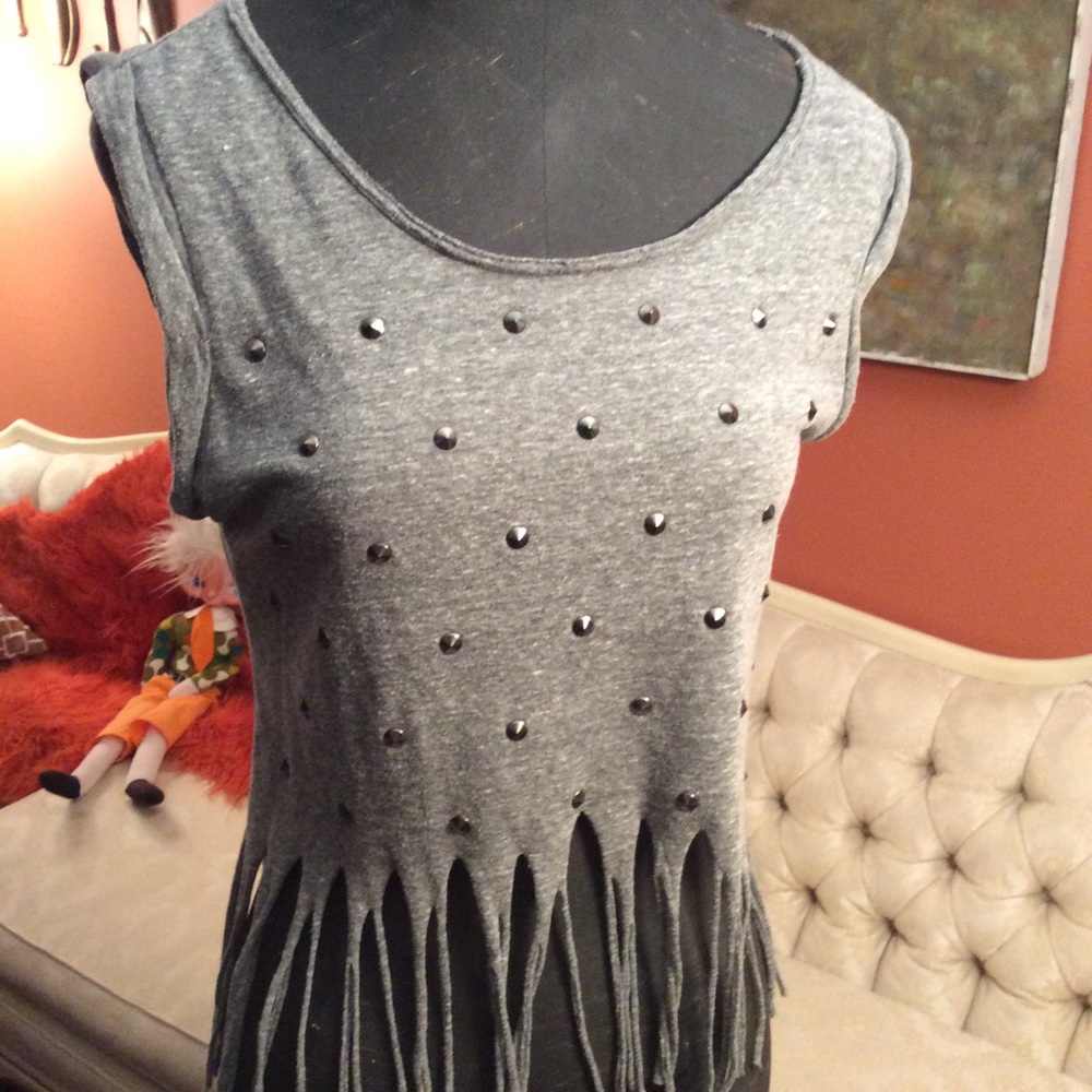 Vintage Grey Fringed Studded Cropped T